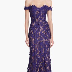 Marchesa Notte Lace Dress. Size 6, Navy Blue, off the shoulders, never been worn